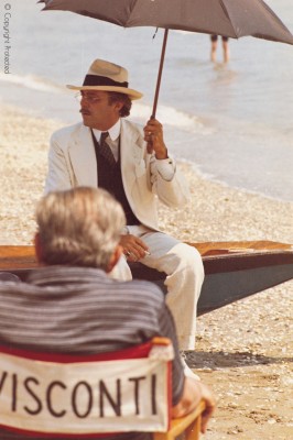 Dirk on set of Death in Venice, Visconti in foreground
